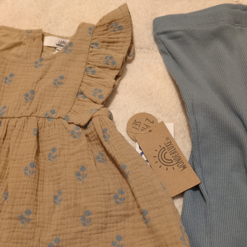 💚 WonderLuxe 2 PC Light Blue Leggings/Light Brown Dress 18M